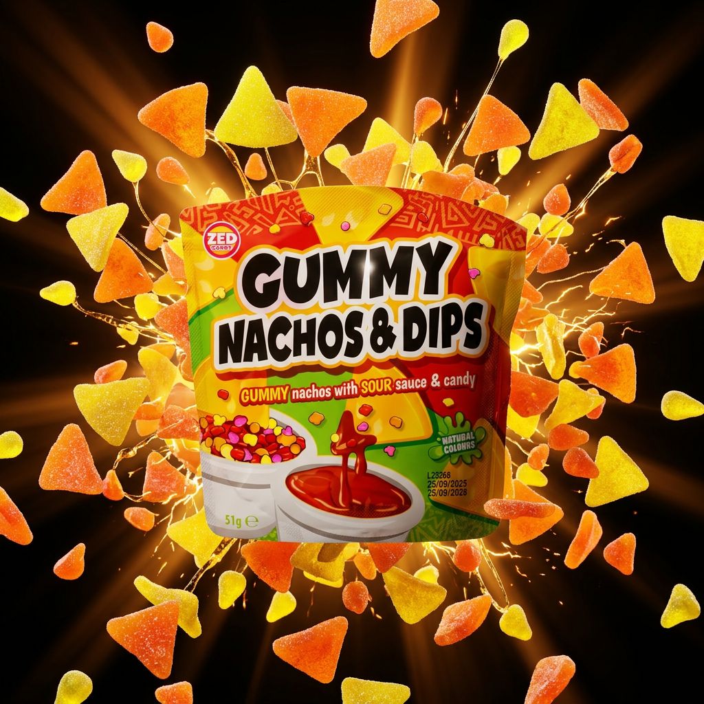 Zed Candy Gummy Nachos & Dips, bonbons gummies acidulés en forme de nachos, snack américain disponible sur My American Shop
