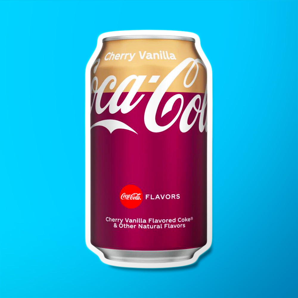 Une canette mauve et beige sur fond bleu avec écrit en blanc Cherry Vanilla Coco-Cola