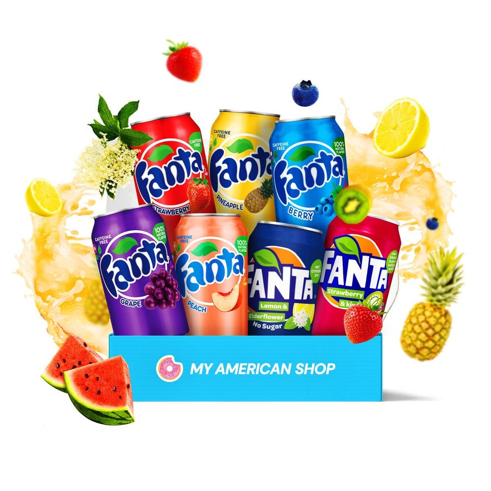 Un carton rectangulaire bleu contenant des Fanta de toutes les couleurs; bleu, mauve, rouge, jaune, etc. Autour des fruits et un liquide jaune, le tout sur fond blanc