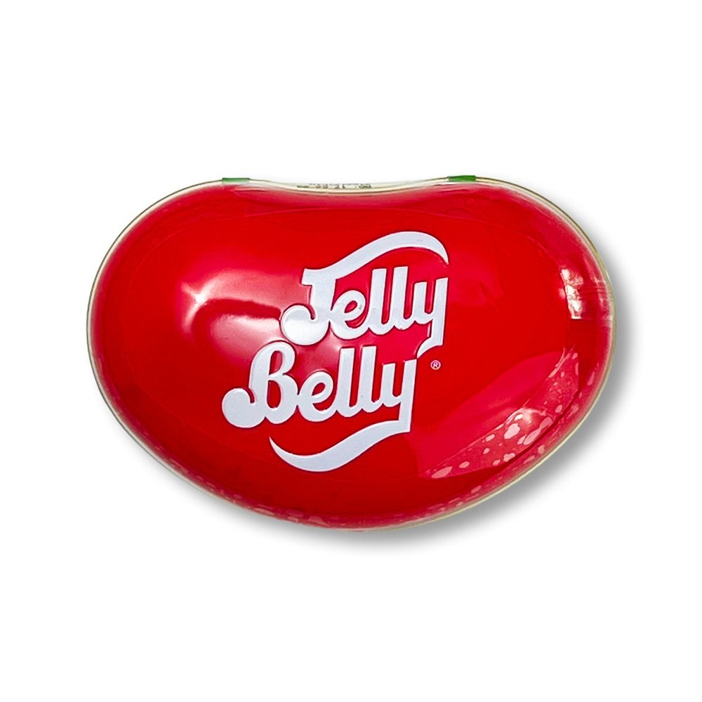 Une grande boite rouge en forme d’haricots avec écrit en blanc « Jelly Belly ». Le tout sur fond blanc