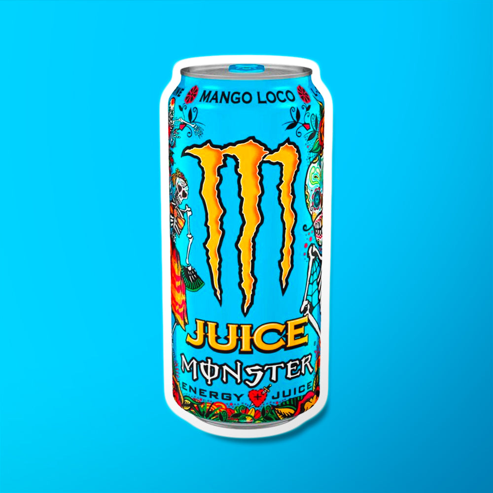 Une grande canette bleu sur fond bleu avec des motifs colorés et au centre le logo jaune de Monster, un grand M