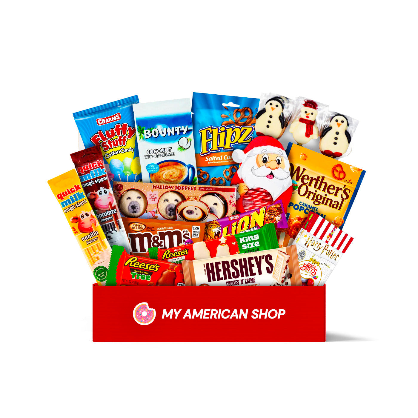 Un carton rectangulaire rouge contenant plein de snacks américains sucrés et salés comme des Reese’s Peanut Butter Tree ou encore des Becky's Candy Cane Strawberry, le tout sur fond blanc