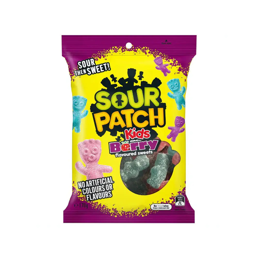 Un emballage mauve et jaune sur fond blanc avec des bonbons en forme de petits bonhommes mauve, rose et bleu