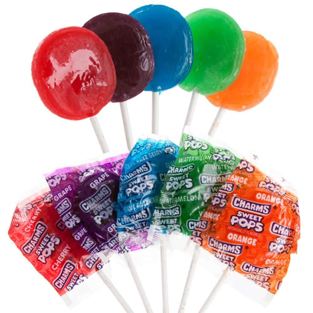 10 sucettes vert, bleu, orange, rose et mauve sur fond blanc. Les 5 d’en haut sont déballés et les 5 d’en bas sont emballés