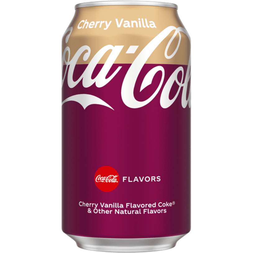 Une canette mauve et beige sur fond blanc avec écrit en blanc Cherry Vanilla Coco-Cola