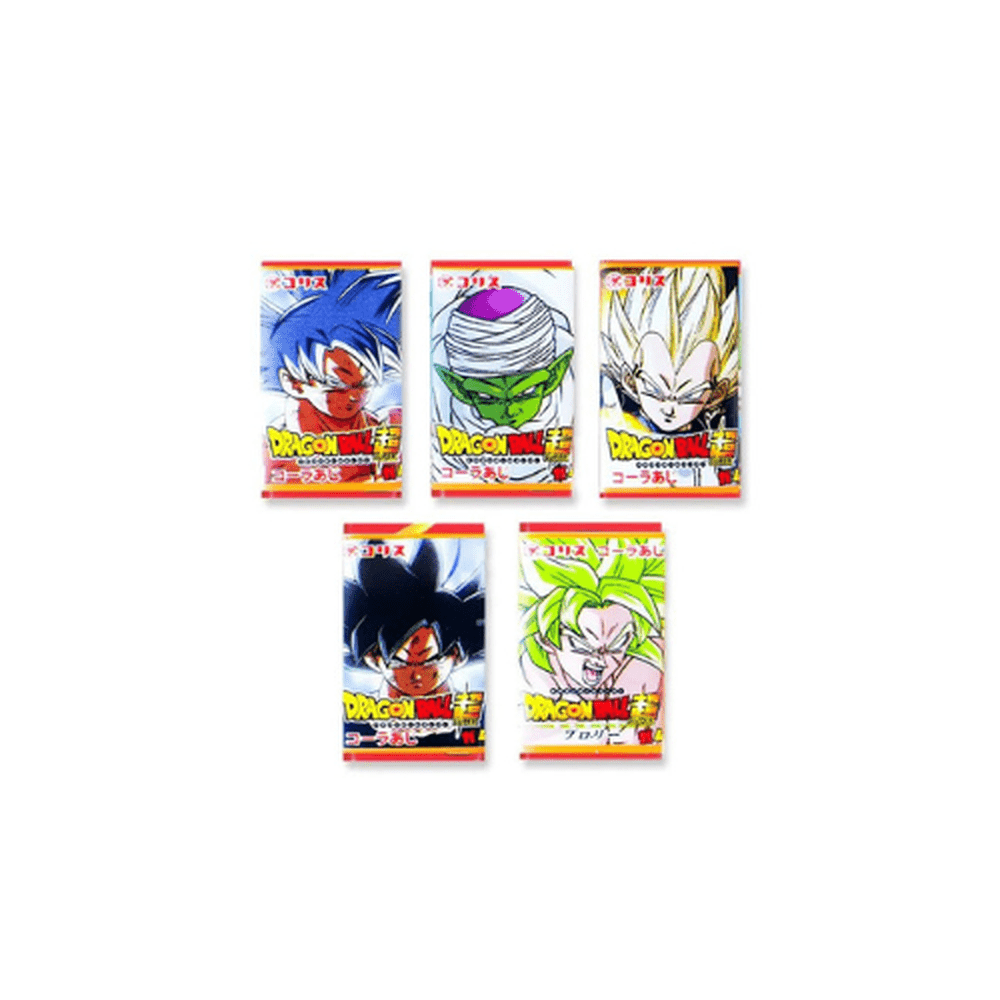 5 paquets aux extrémités rouges avec des personnages de Dragon Ball Z, le tout sur fond blanc