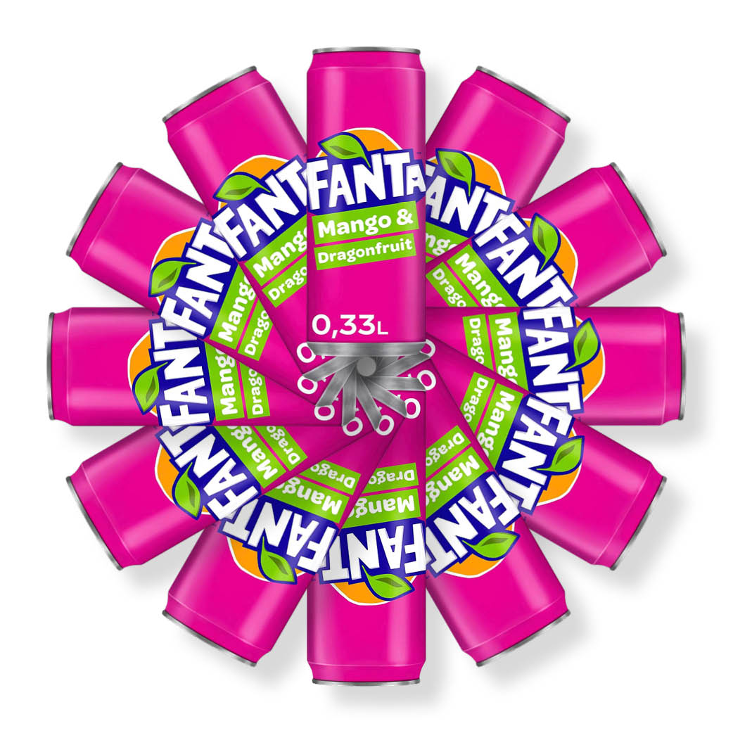 Plusieurs canettes roses entassées les unes sur les autres sur un fond blanc. Le tout forme une rosace