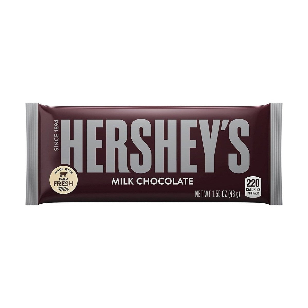 Un emballage marron foncé aux extrémités grises et au centre écrit en majuscule « Hershey’s », le tout sur fond blanc