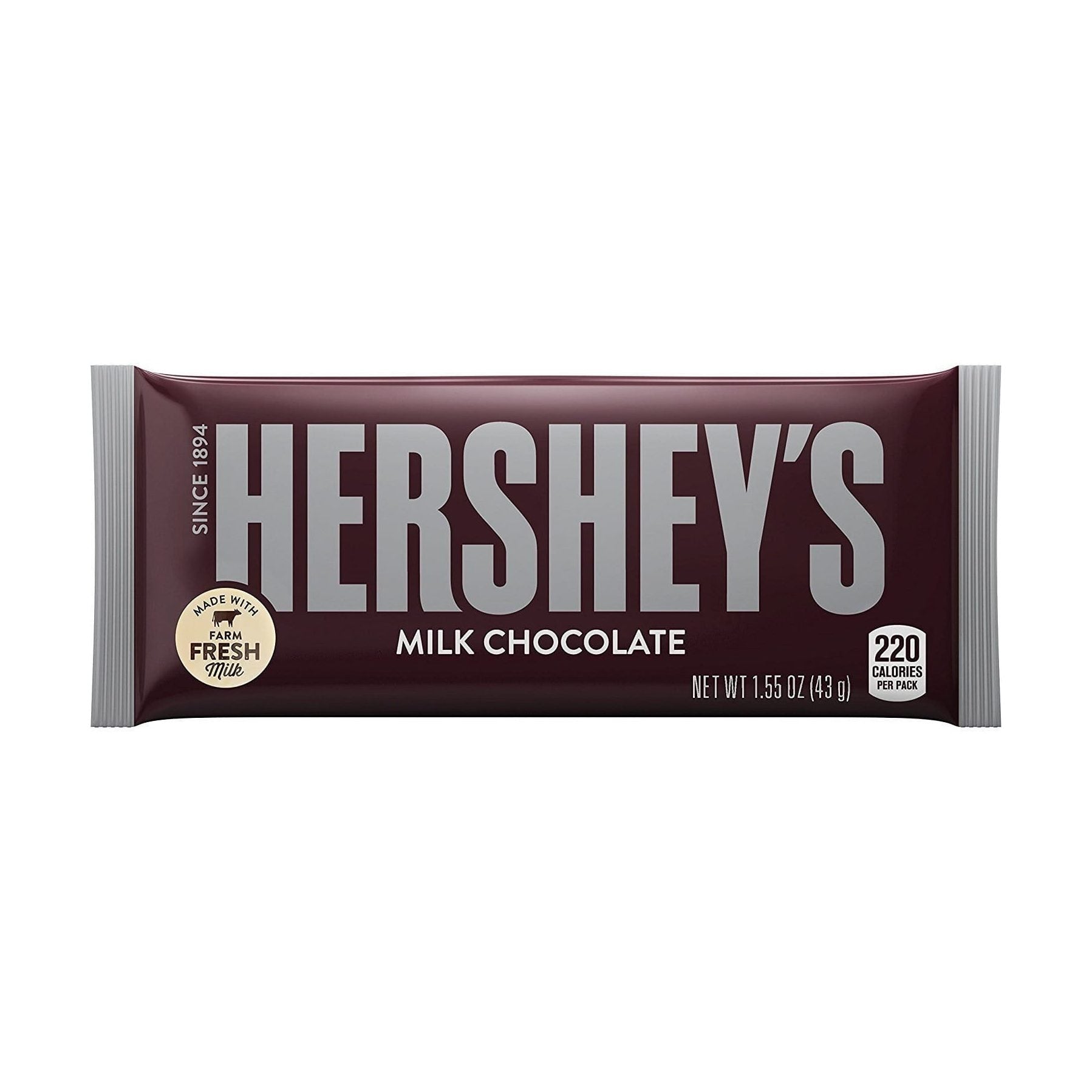 Un emballage marron foncé aux extrémités grises et au centre écrit en majuscule « Hershey’s », le tout sur fond blanc