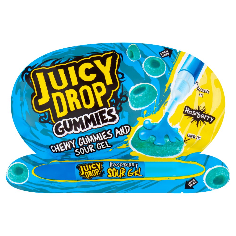 Un emballage bleu et jaune sur fond blanc avec en bas un stylo bleu et au-dessus des petits bonbons avec du jus qui sort du stylo