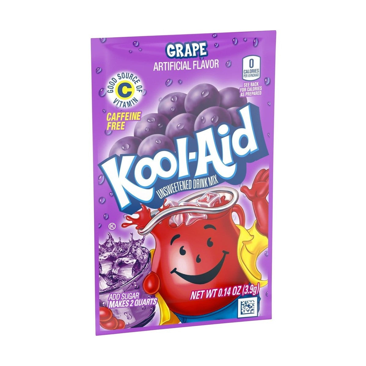 Un paquet mauve sur fond blanc avec des raisins mauves, en-dessous un bonhomme en forme de carafe rouge qui tient un verre d’une boisson mauve et glaçons