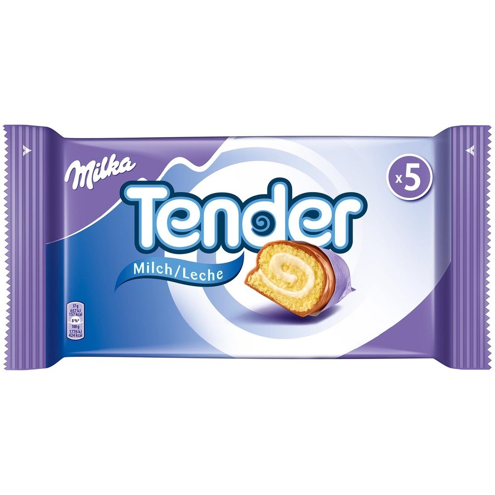 Un emballage mauve sur fond blanc avec inscrit au centre « Tender» et sur le côté droit un Milka Tender coupé qui dévoile un fourrage blanc en spiral