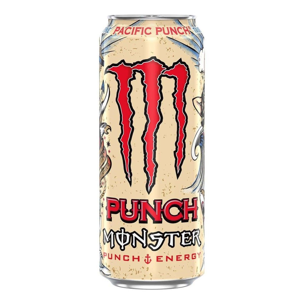 Une canette beige sur fond blanc avec au centre le logo rouge de Monster, un grand M