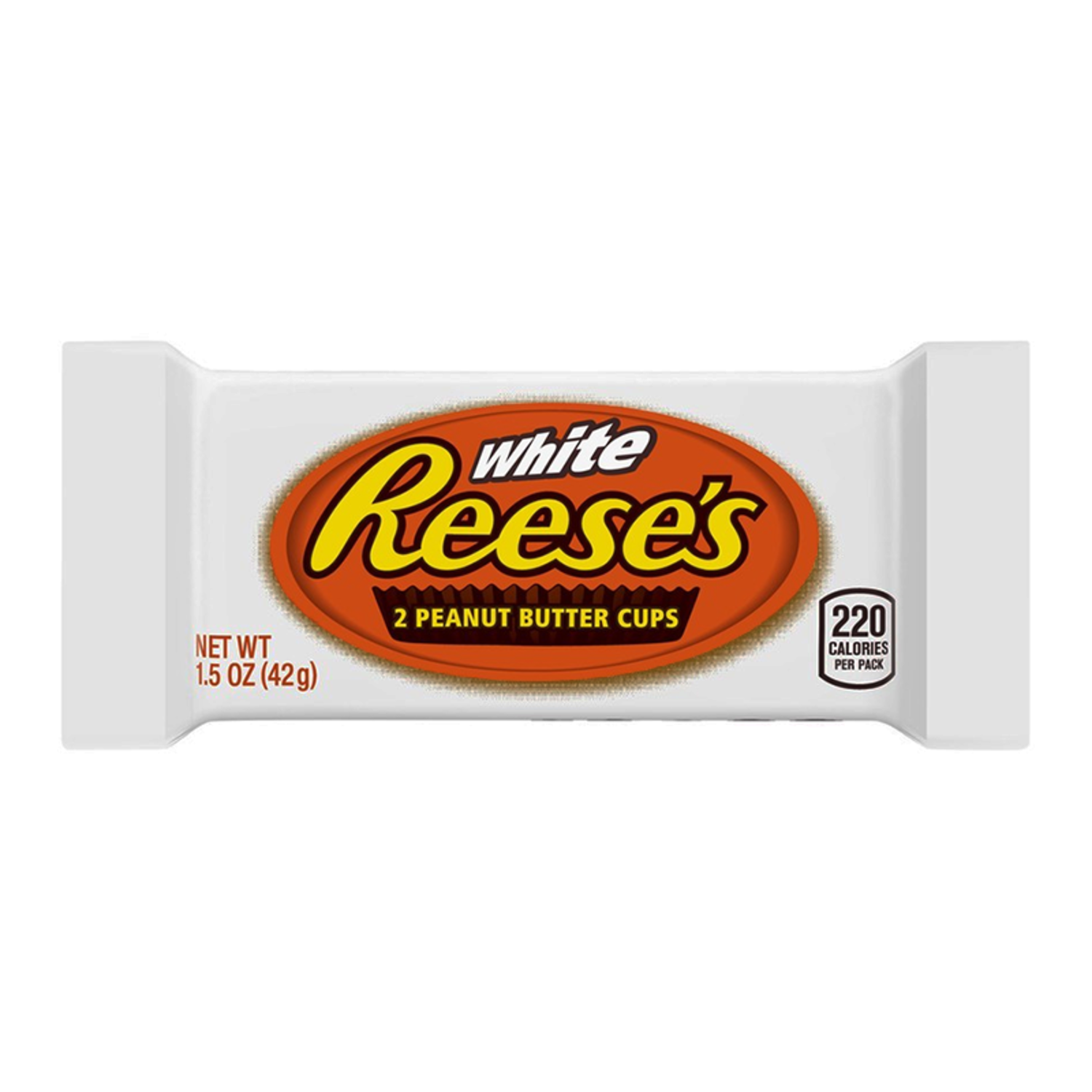 Un emballage blanc avec au centre un ovale orange où il est écrit « Reese’s » en jaune, le tout sur fond blanc