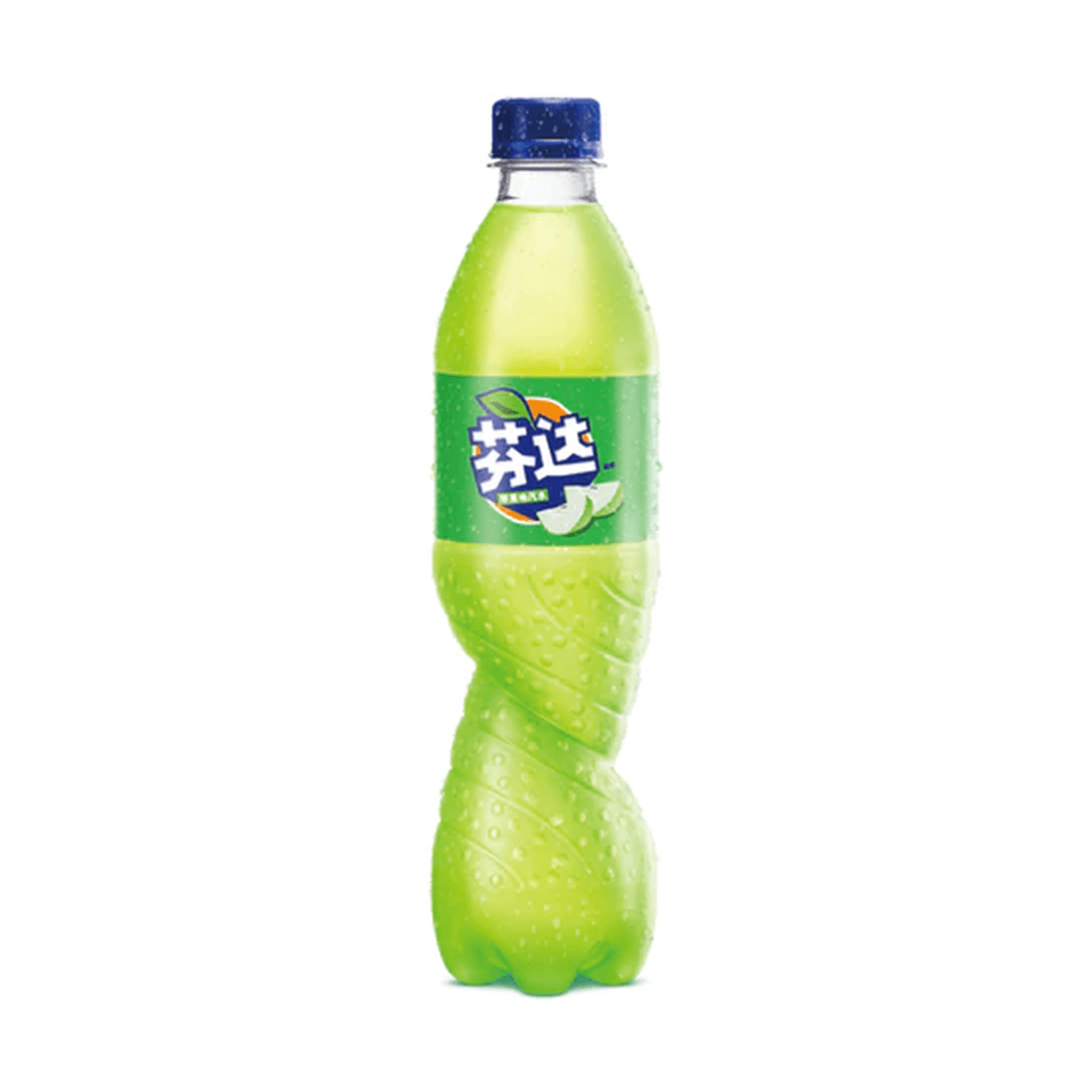 Une bouteille transparente avec une boisson verte, un capuchon bleu marine et une étiquette verte avec des pommes, le tout sur fond blanc
