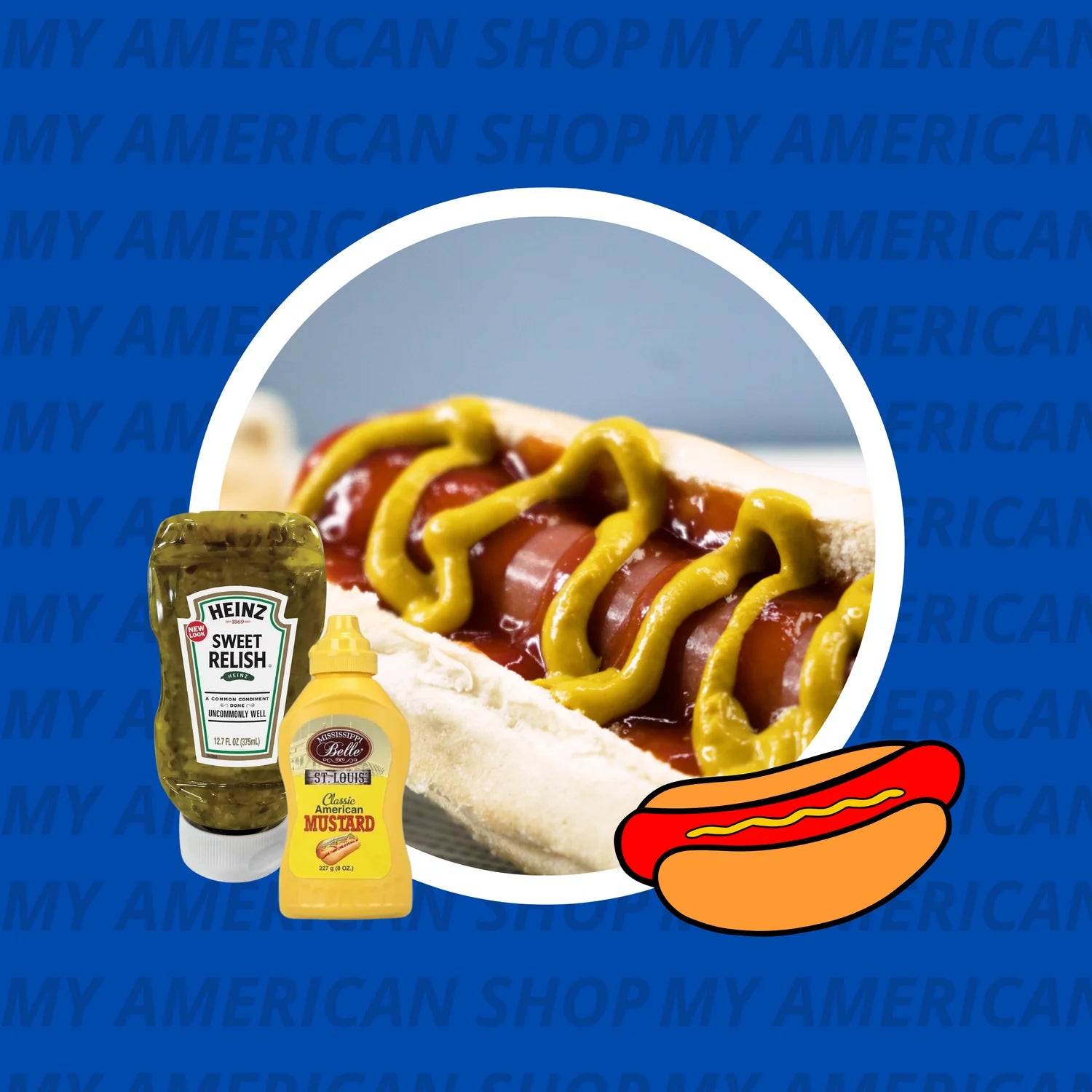 Un hot dog avec une sauce sauce jaune et une rouge, dans un rond qui est sur un fond bleu. Devant une bouteille de sauce verte et une bouteille de moutarde jaune