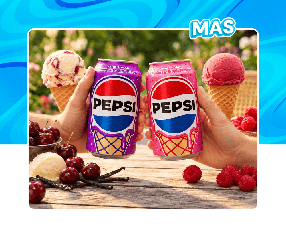 Deux canettes Pepsi Zero Sugar Cherry & Vanilla et Raspberry Ripple 330 ml, accompagnées de glaces, cerises et framboises dans une ambiance estivale.
