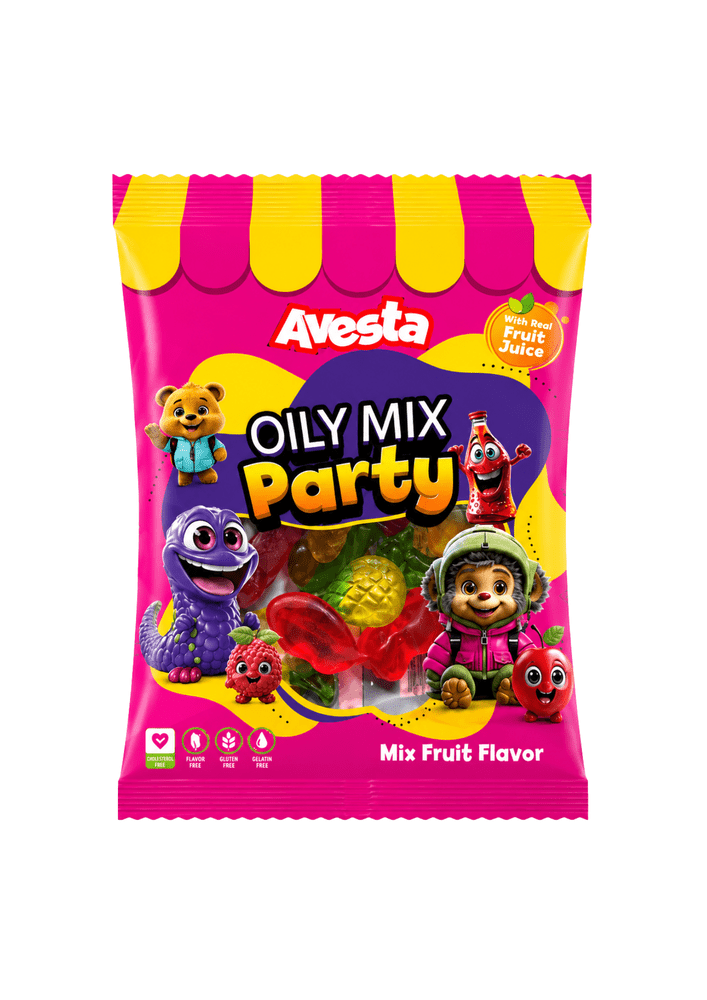 Avesta Oily Mix Party Gummy Fruit Flavor, bonbon américain mix de fruits brillant et moelleux en sachet party size