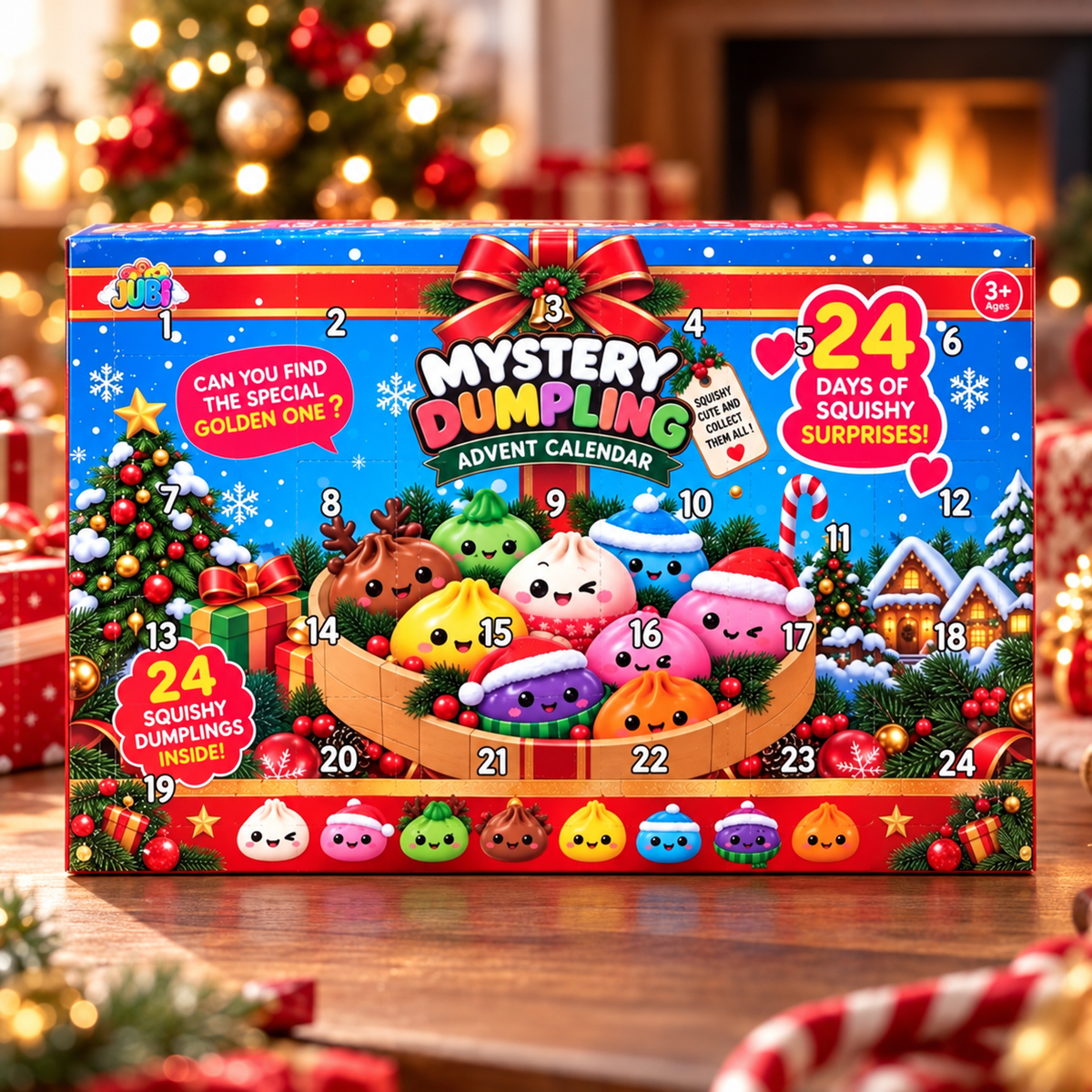 Calendrier de l’Avent JUBI Mystery Dumpling posé sur une table dans une ambiance de Noël, avec 24 surprises squishy à découvrir.