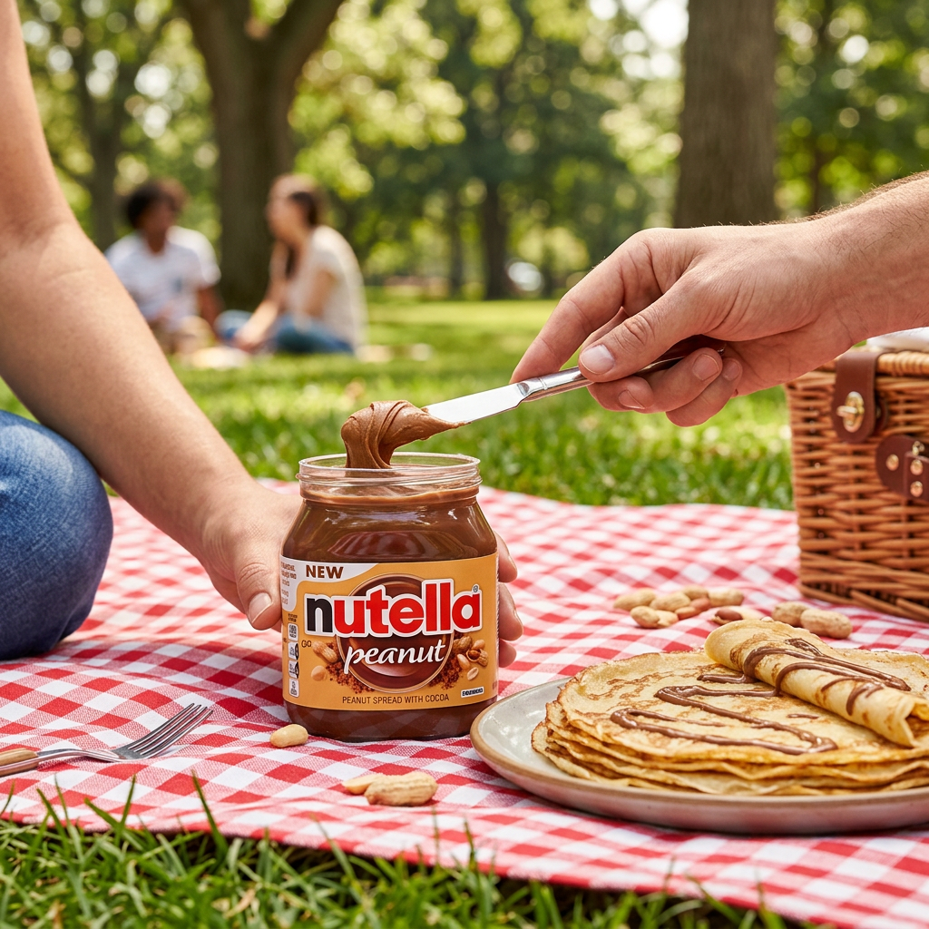 Le pot de Nutella Peanut est posé sur une nappe de pique nique dans un parc, une personne se sert avec un couteau dans le pot de pâte à tartiner de Nutella Peanut, à coté se trouve une assiette de crêpes – disponible sur My American Shop