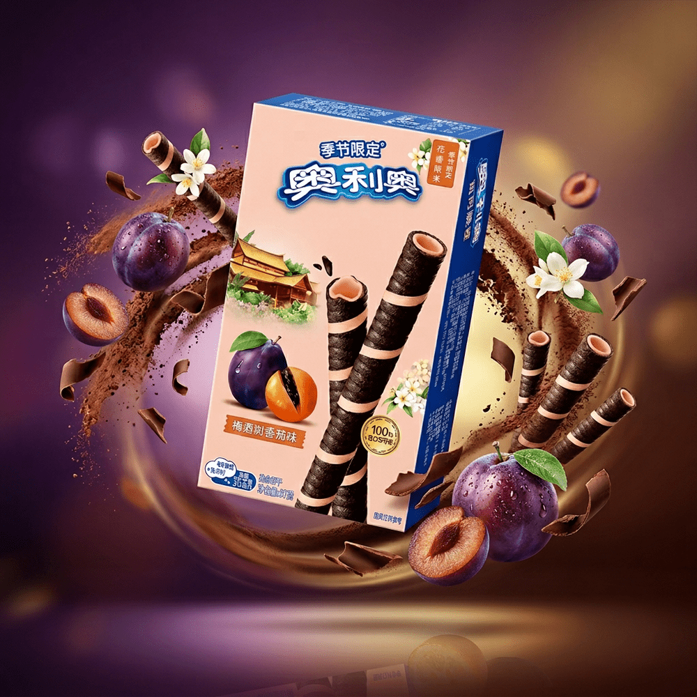Autour du paquet de biscuits Oreo Crispy Roll Plum en lévitation, dans un univers dynamique, gravitent des prunes, des éclats de chocolat et des biscuits roulés – disponible sur My American Shop