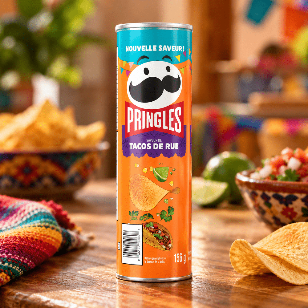 Tube de Pringles Tacos de Rue 156 g posé sur une table en bois, accompagné de chips, de citron vert et de salsa.
