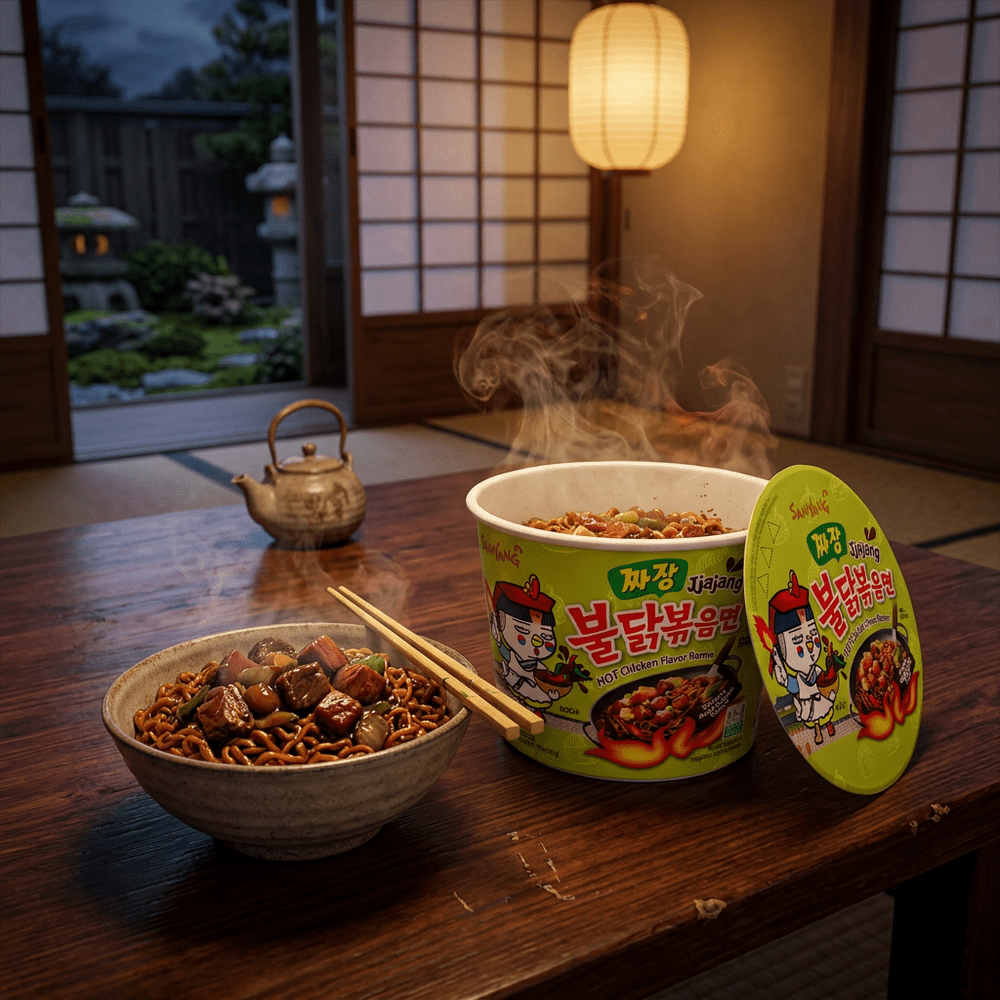 Samyang Ramen Bowl Hot Chicken Jjajang, nouilles épicées coréennes en bol, disponible sur My American Shop