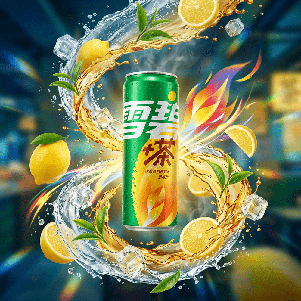 Autour de la canette de soda Sprite Lemon Tea en lévitation, dans un univers dynamique, gravitent des citrons, des glaçons et des tourbillons de soda et de thé glacé – disponible sur My American Shop