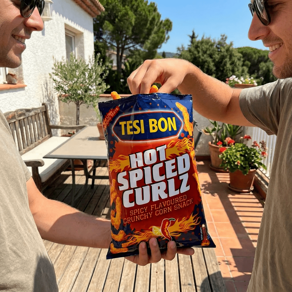 Le paquet de snack salé Tesi Bon Honey Puffs Cheese est posé sur une nappe de pique-nique à côté d’un bol de chips ; en arrière-plan, un groupe d’amis joue aux cartes dans un parc – disponible sur My American Shop