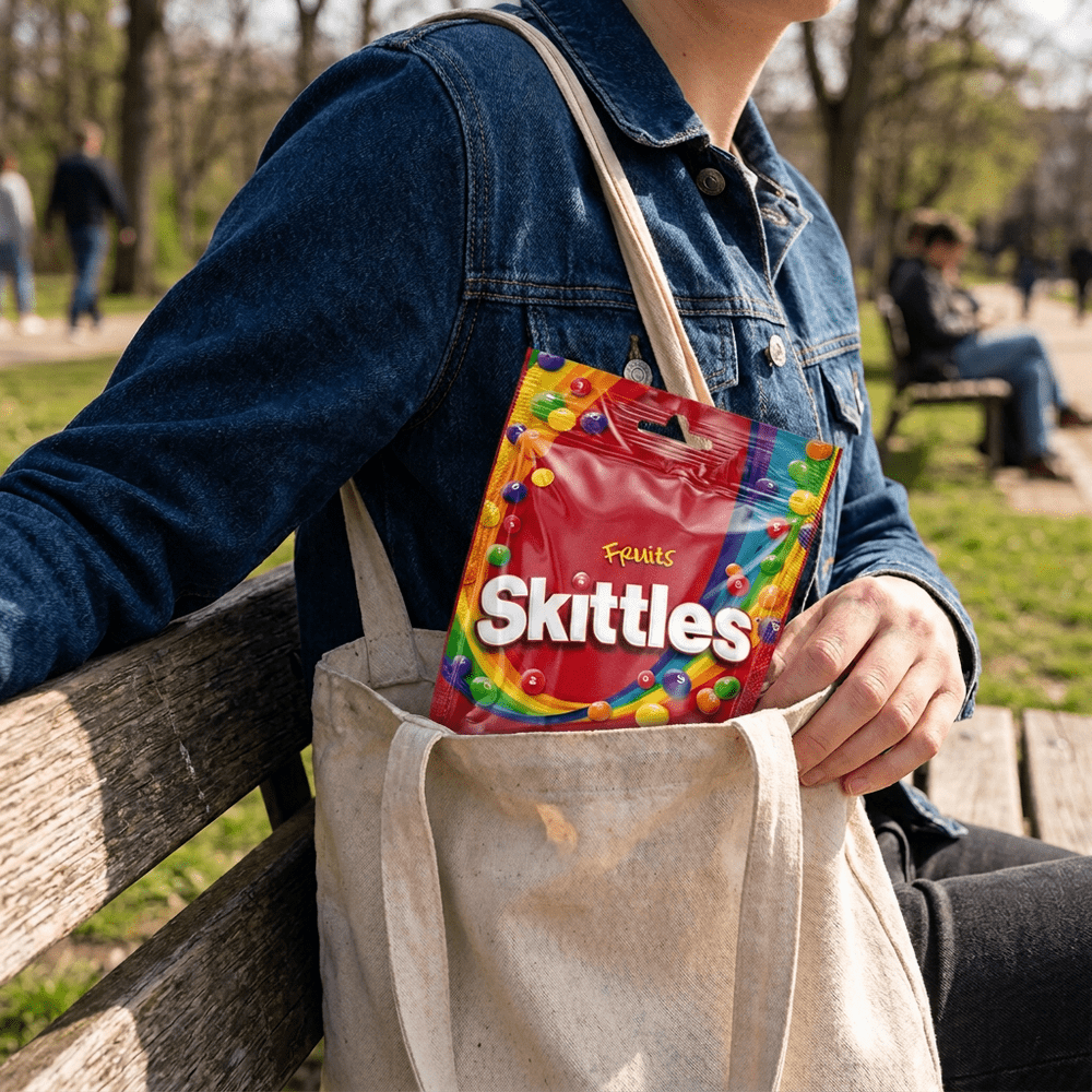 Le paquet de bonbons Skittles Pouch Bag Fruit est dans un tote bag d’une personne assise sur un banc dans un parc – disponible sur My American Shop