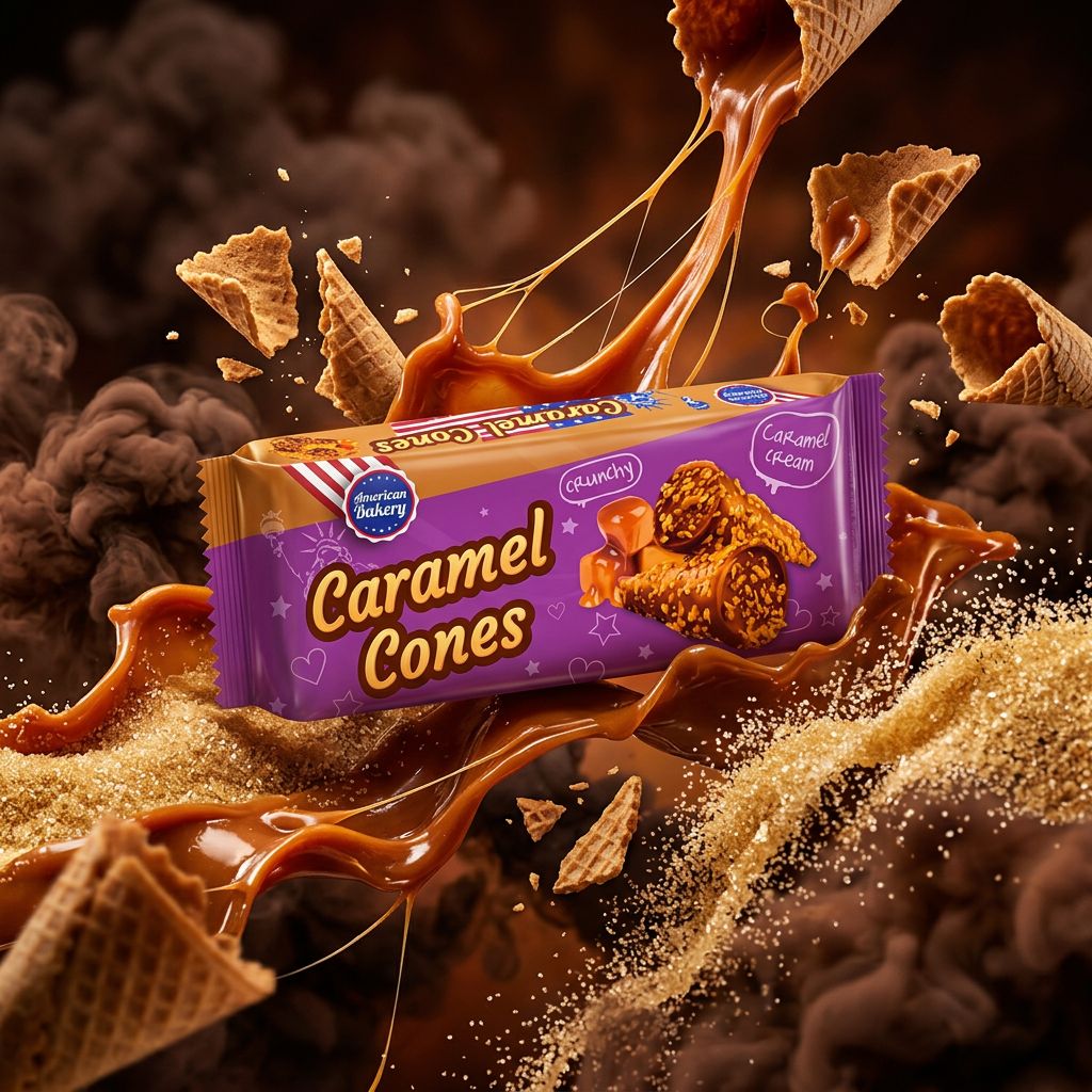 American Bakery Cones Caramel, cônes gaufrés fourrés crème caramel et enrobage cacao, snack américain, disponible sur My American Shop