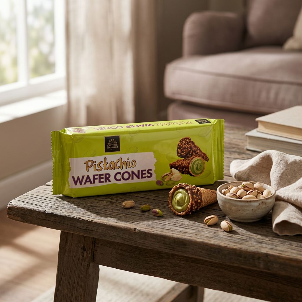 American Bakery Cones Pistachio, cône gaufrette croustillant fourré crème pistache, disponible sur My American Shop