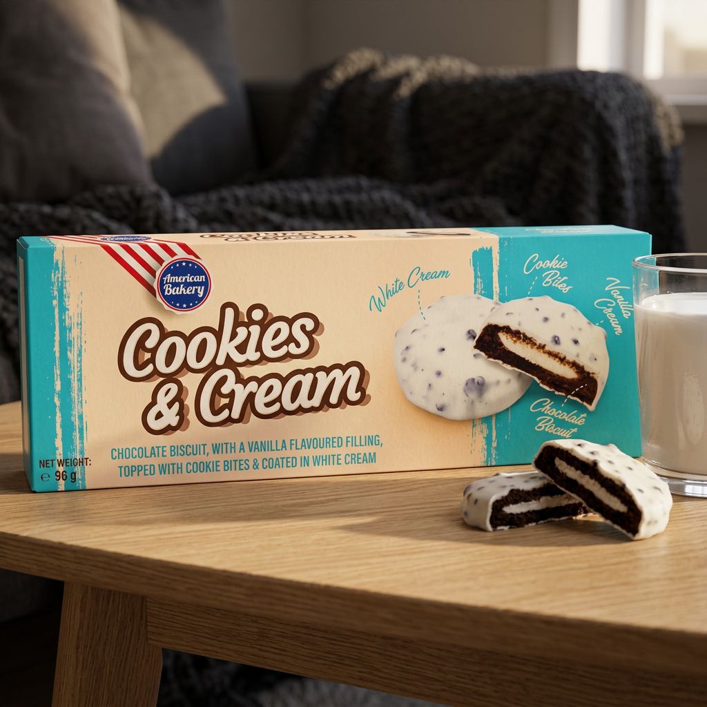 Cookie Cookies & Cream American Bakery, biscuit cacao et crème vanille, snack américain disponible sur My American Shop