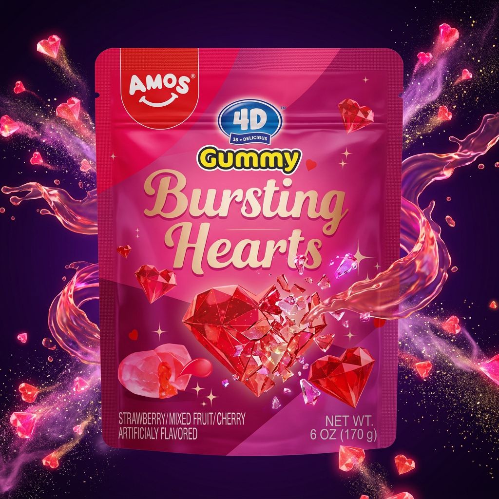 Amos 4D Bursting Hearts, bonbons en forme de coeur aux saveurs fruitees intenses, disponible sur My American Shop
