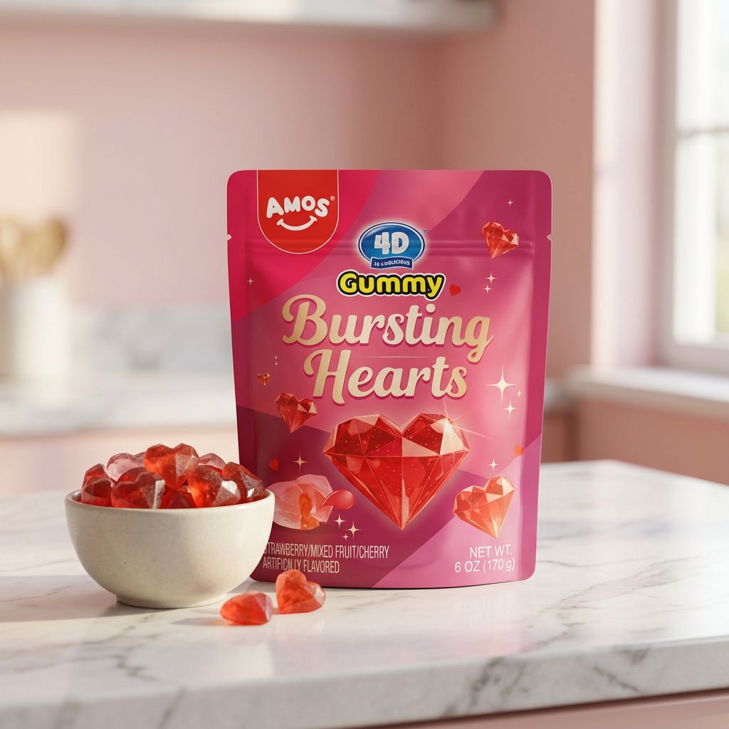 Amos 4D Bursting Hearts, bonbons en forme de coeur aux saveurs fruitees intenses, disponible sur My American Shop
