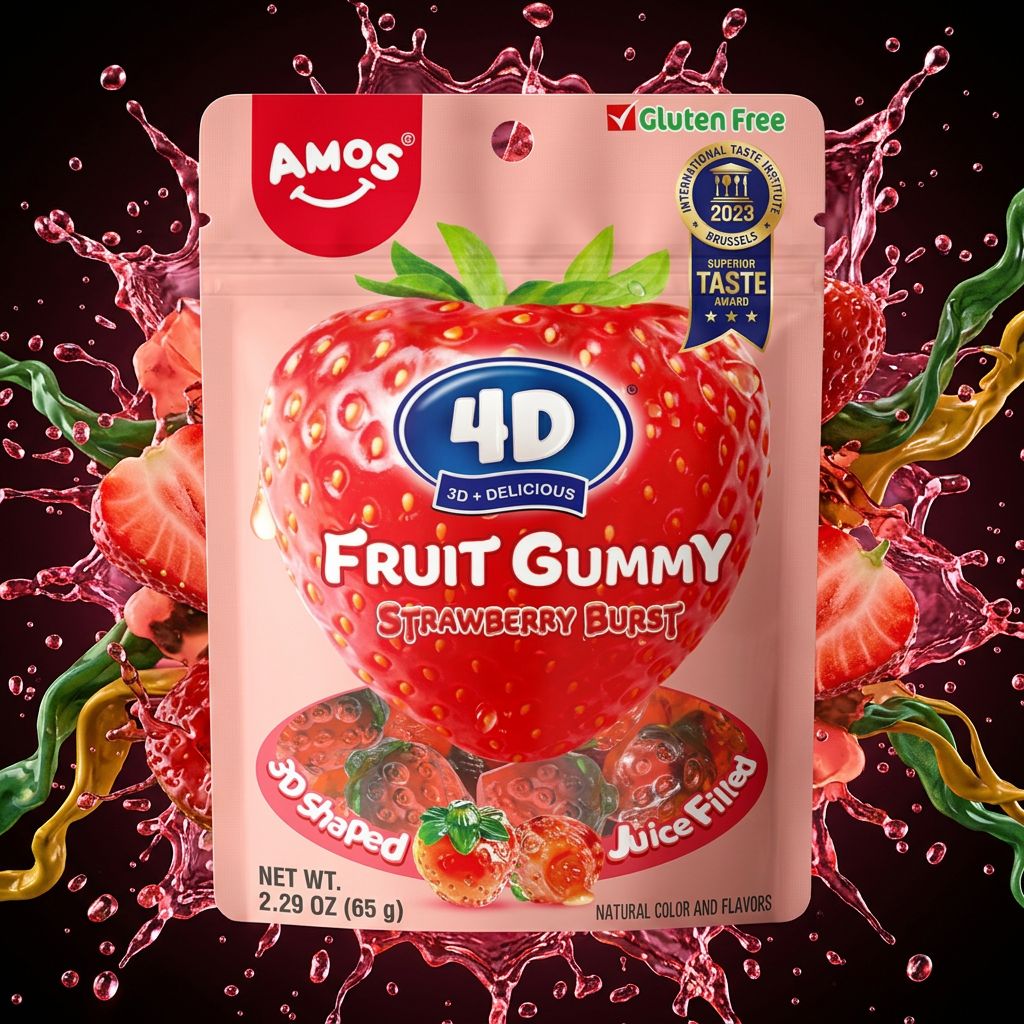 Amos 4D Fruit Gummy Strawberry, bonbon fraise importé à coeur liquide, disponible sur My American Shop