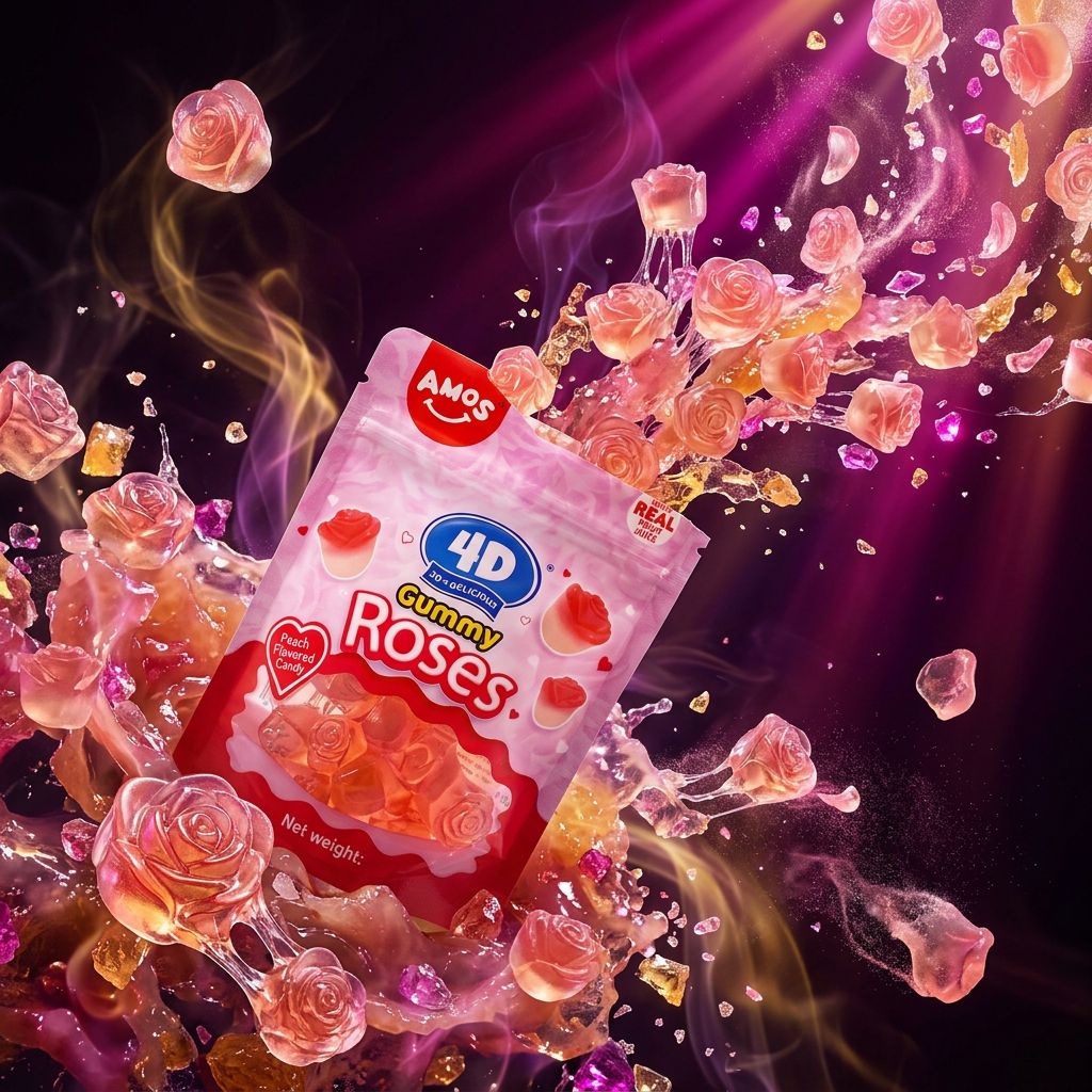 Amos 4D Gummy Roses, bonbons gélifiés en forme de roses, saveur fruitée, confiserie premium, disponible sur My American Shop