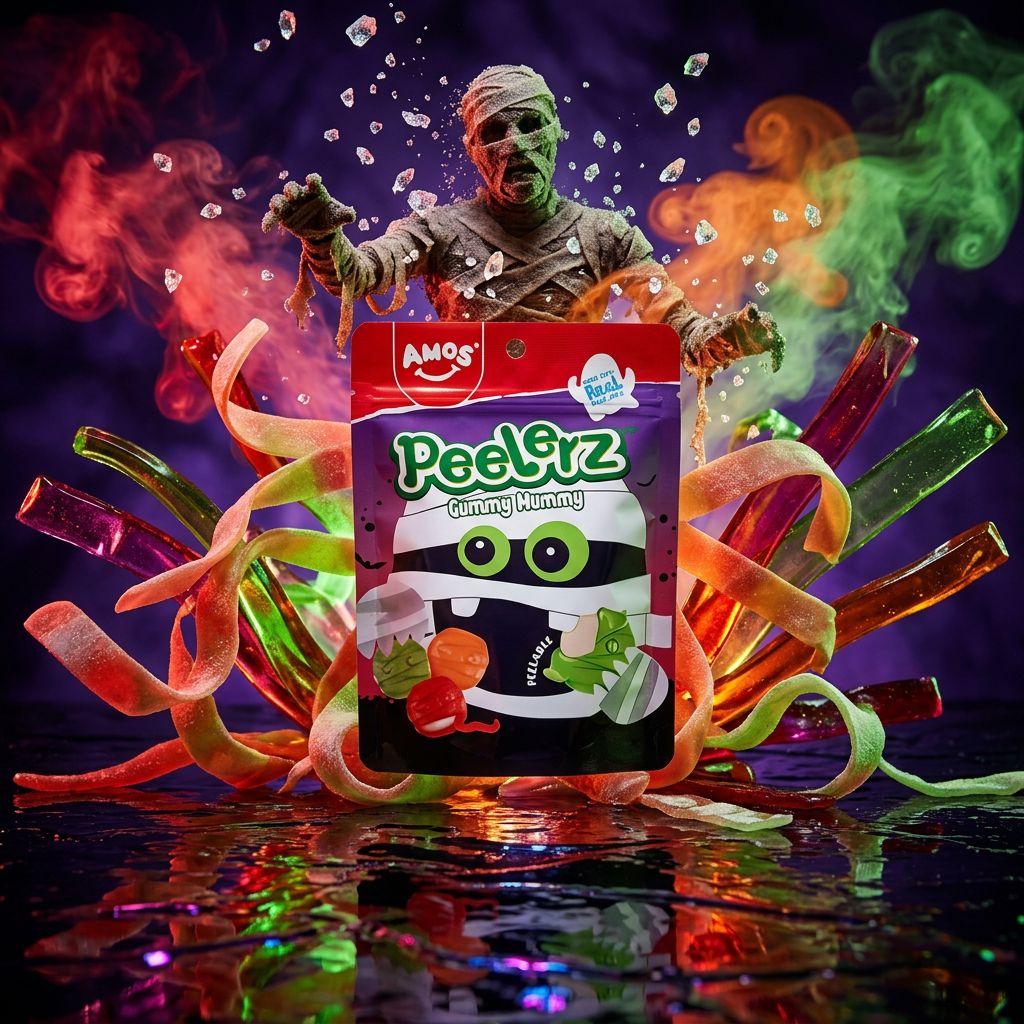 Amos Peelerz Gummy Mummy, bonbon Halloween américain à éplucher, arômes fruités, disponible sur My American Shop