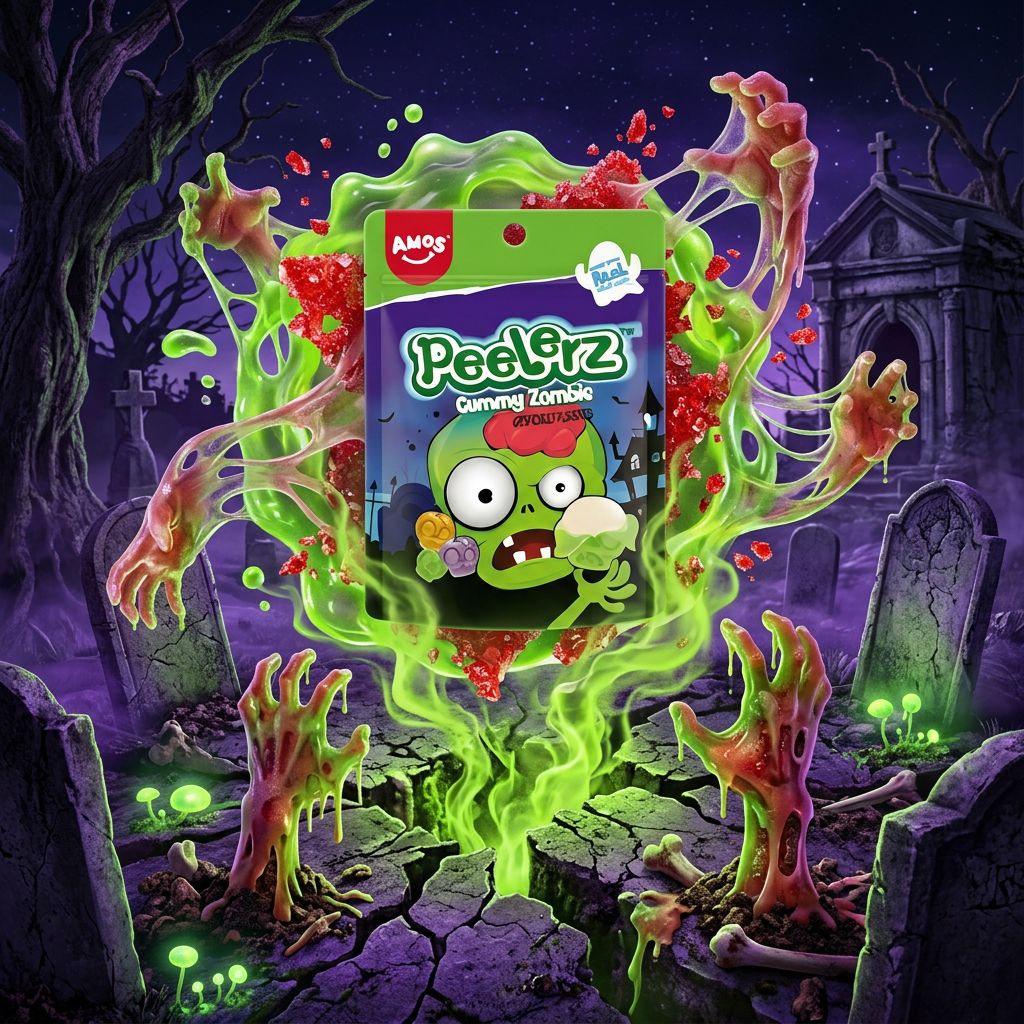 Amos Peelerz Gummy Zombie, bonbons gélifiés à peler, format sachet, confiserie américaine, disponible sur My American Shop