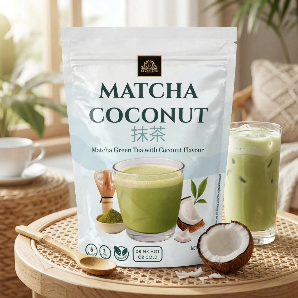 Bardollini Matcha Coconut, poudre instantanée pour latte crémeux saveur matcha japonais et noix de coco, texture veloutée façon barista, chaud ou glacé, disponible sur My American Shop.