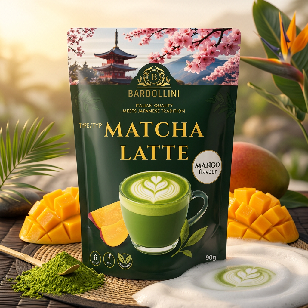 Bardollini Matcha Latte Mango, poudre instantanée pour latte crémeux saveur matcha et mangue tropicale, 3% de thé vert matcha, texture onctueuse façon barista, disponible sur My American Shop.