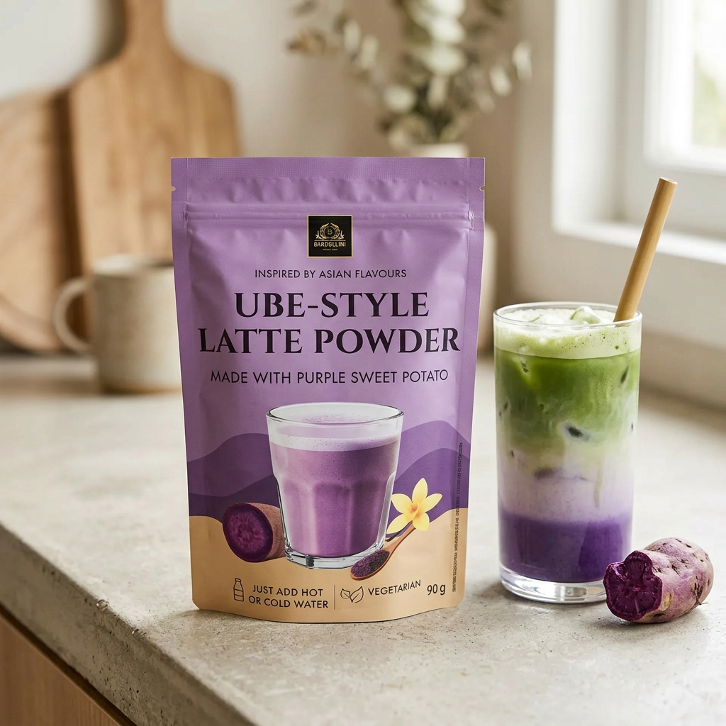 Bardollini Matcha Ube Style Latte, poudre instantanée pour latte crémeux matcha et patate douce violette philippine, 6.5% d'ube véritable, couleur naturellement violacée, texture soyeuse chaud ou glacé, disponible sur My American Shop.