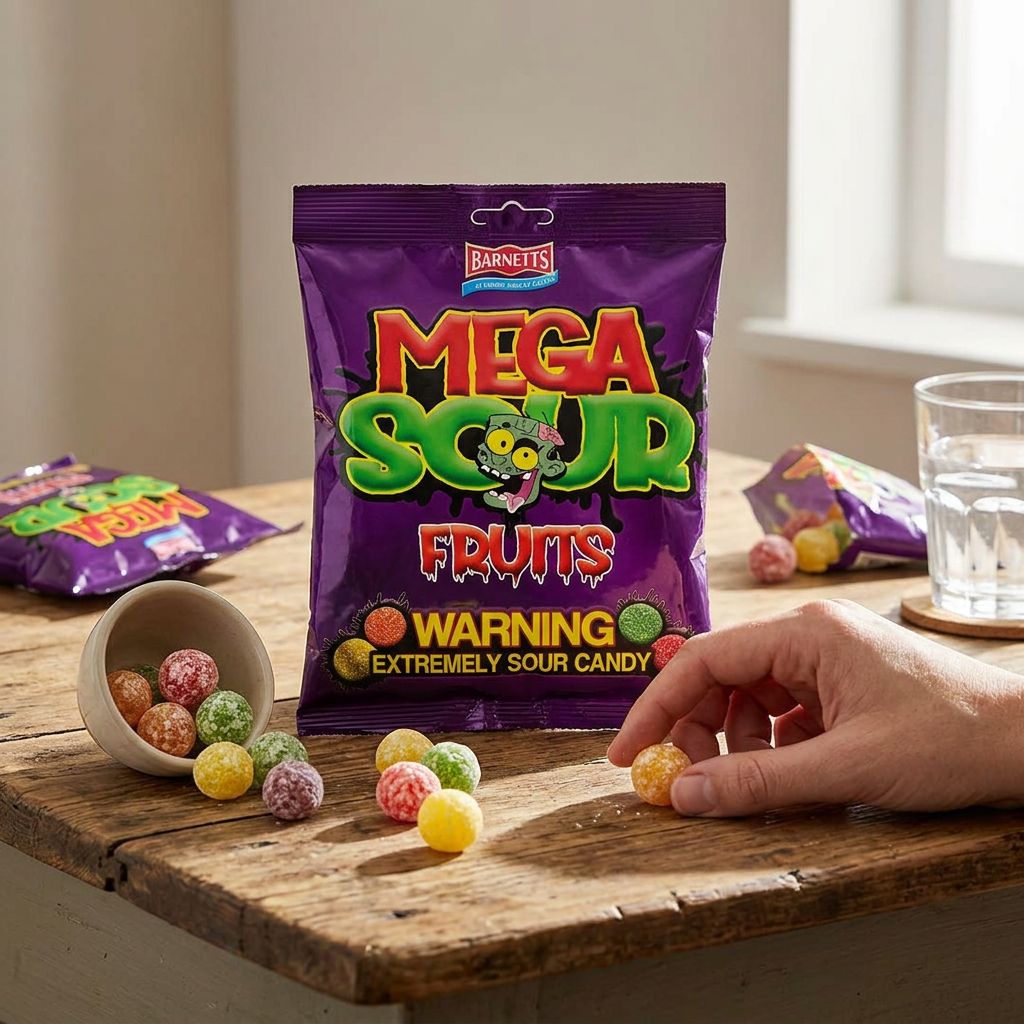 Barnetts Mega Sour Fruits, bonbons durs ultra acidulés mix fruits, origine Royaume-Uni, disponible sur My American Shop