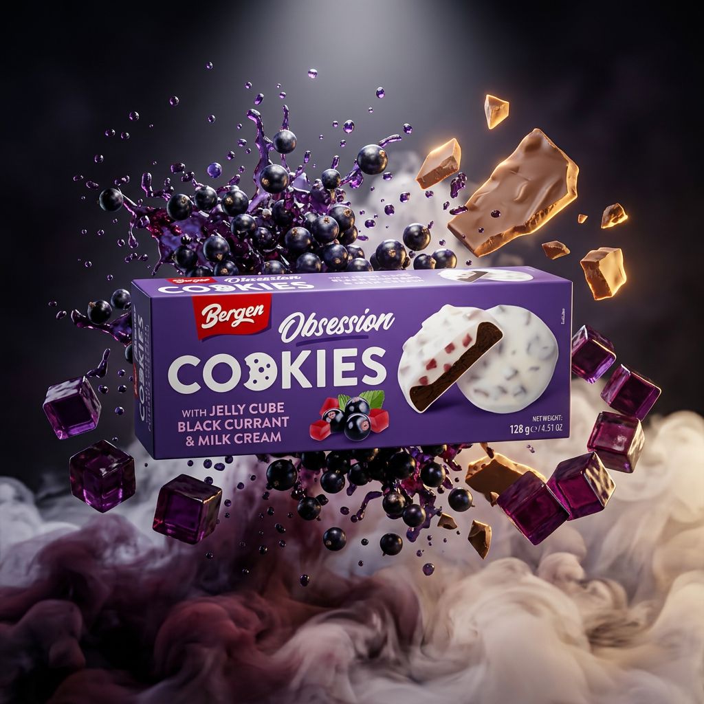 Bergen Cookies Jelly Cube cassis et crème au lait, biscuits fourrés enrobés chocolat, origine Europe centrale, disponible sur My American Shop