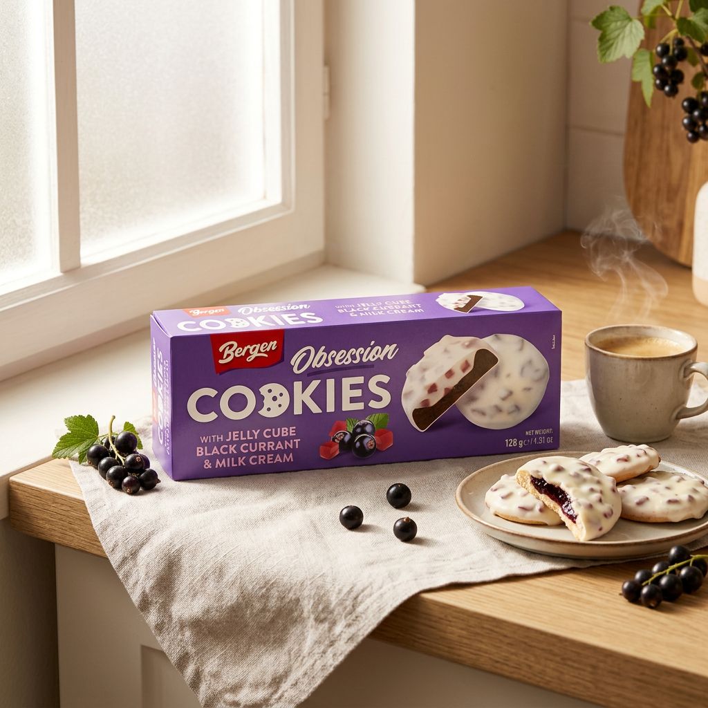 Bergen Cookies Jelly Cube cassis et crème au lait, biscuits fourrés enrobés chocolat, origine Europe centrale, disponible sur My American Shop