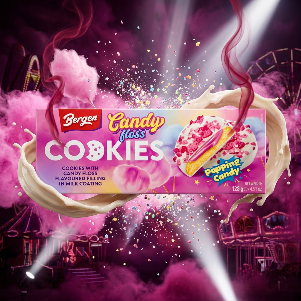 Bergen Obsession Candy Floss Popping, biscuit barbe à papa et popping candy enrobé, disponible sur My American Shop