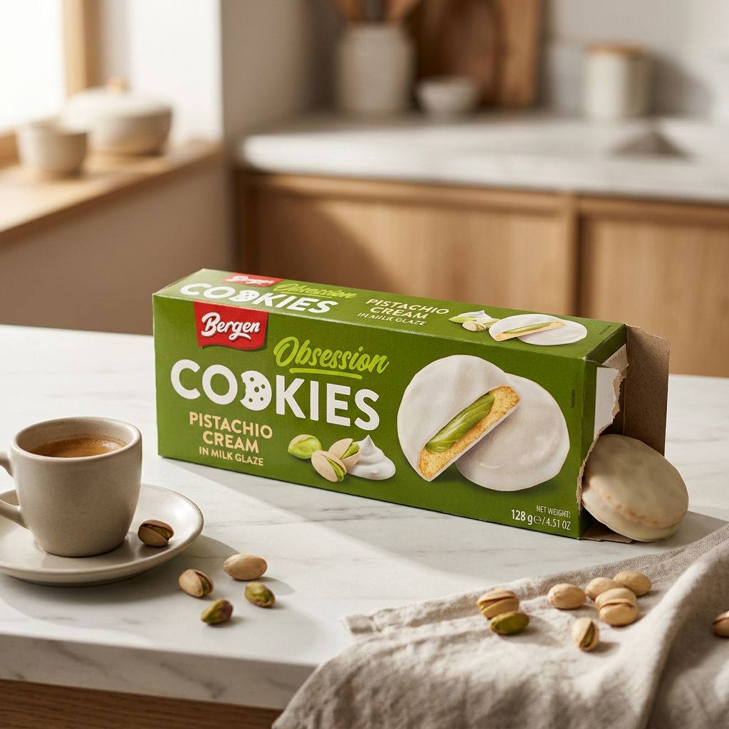 Bergen Pistachio Cream Milk Glaze Cookie, biscuit fourré crème pistache enrobé lait, produit importé disponible sur My American Shop