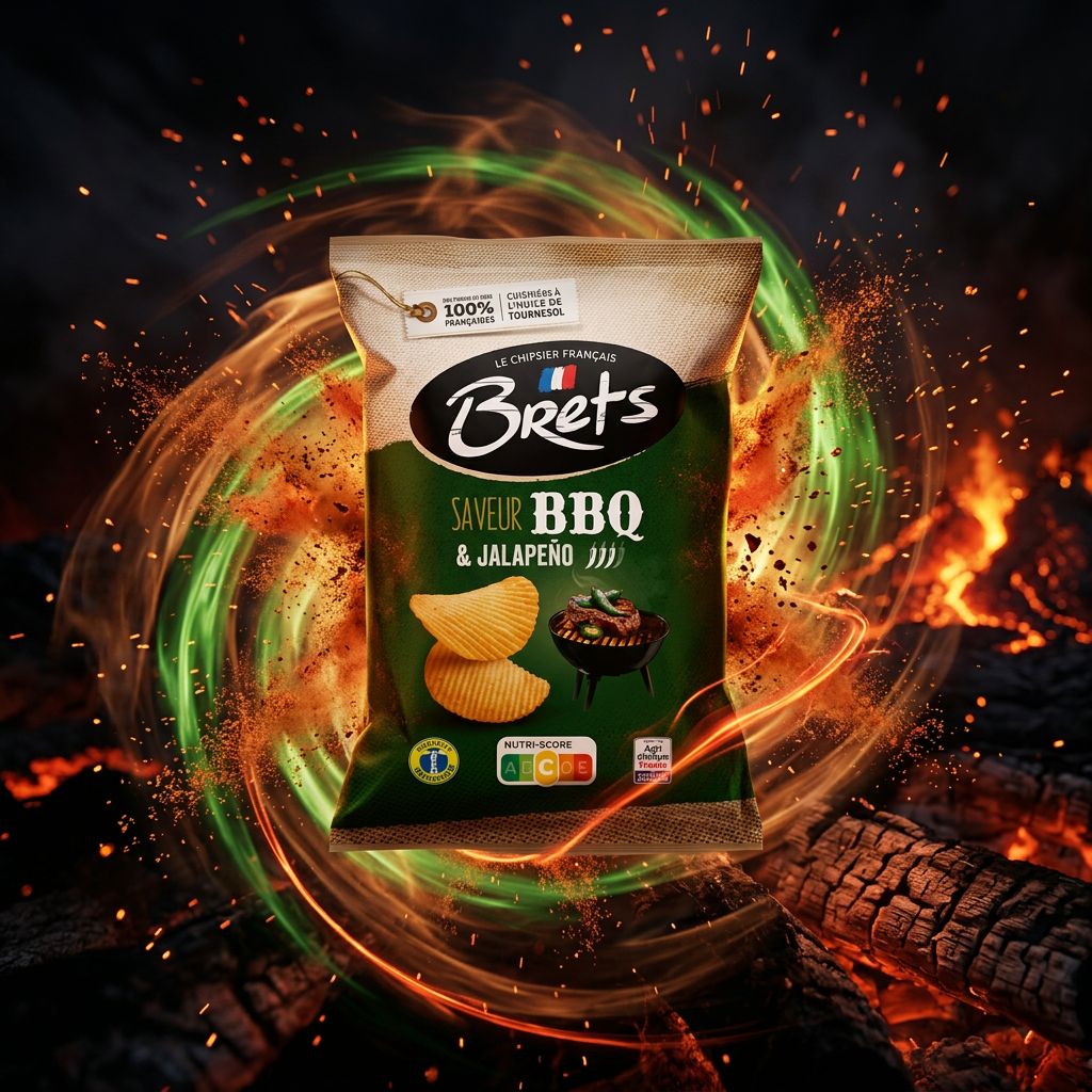 Chips Brets Barbecue Jalapeños ondulées, saveur fumée et pimentée, format paquet, origine France, disponible sur My American Shop
