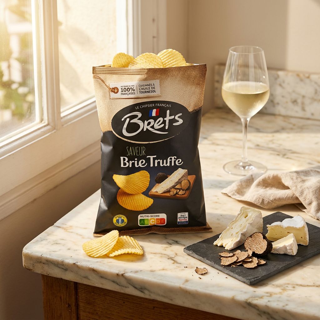 Chips Bret's saveur Brie Truffe, snack premium aux pommes de terre françaises, disponible sur My American Shop