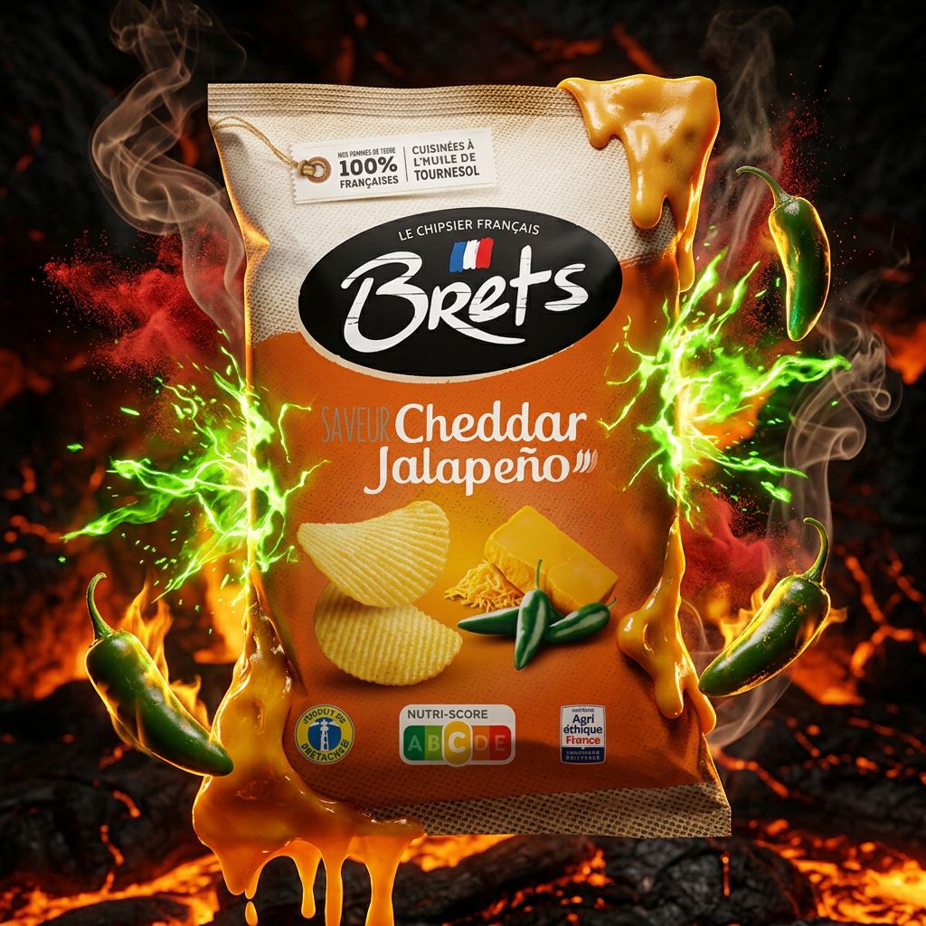 Chips Brets Flavour Cheddar Jalapeno, saveur fromagere epicee, format snack, disponible sur My American Shop
